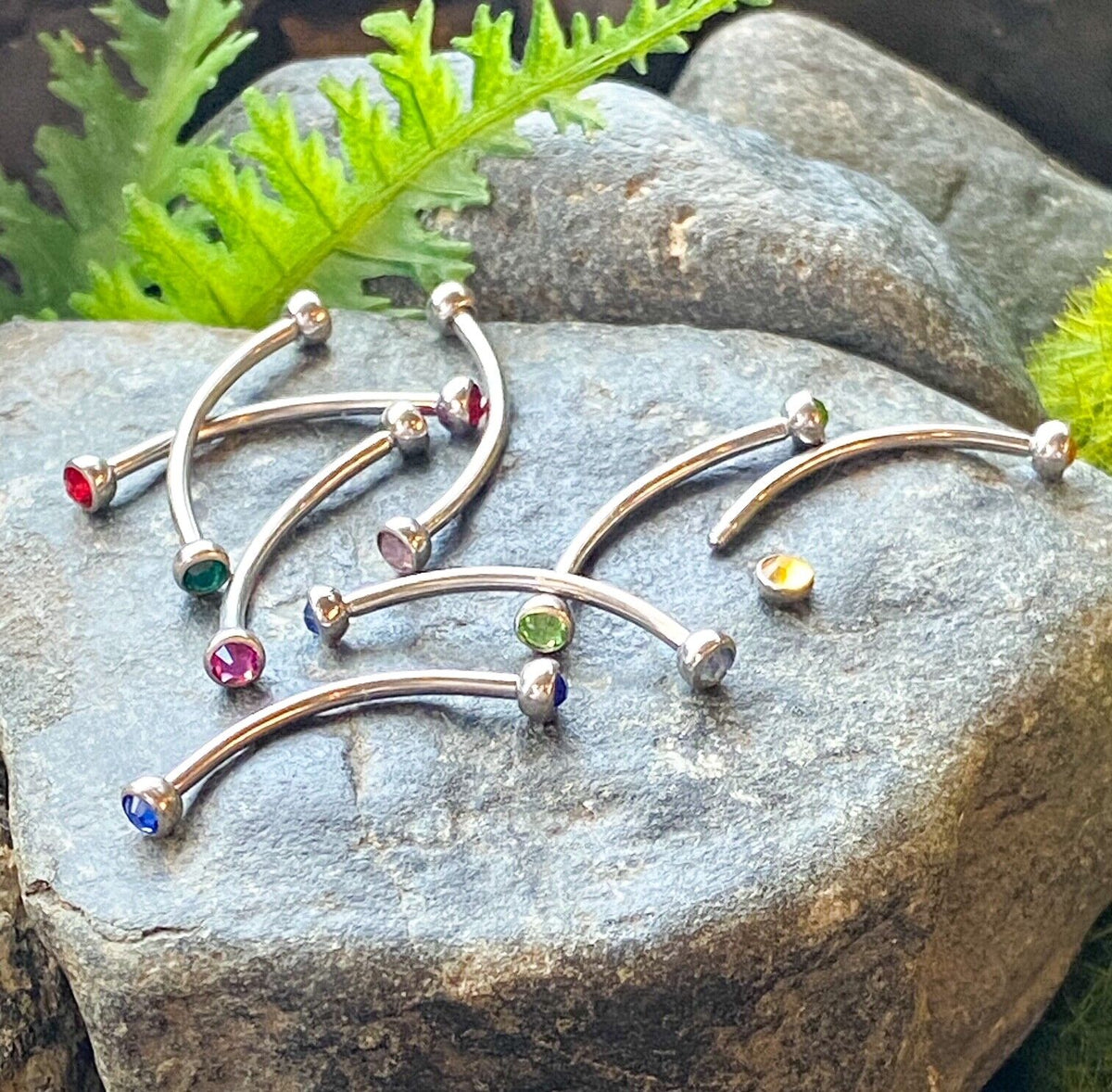 1pc Snake Eye Piercing Curved Barbell Tongue or Eyebrow Ring Double Gem 16g 9/16