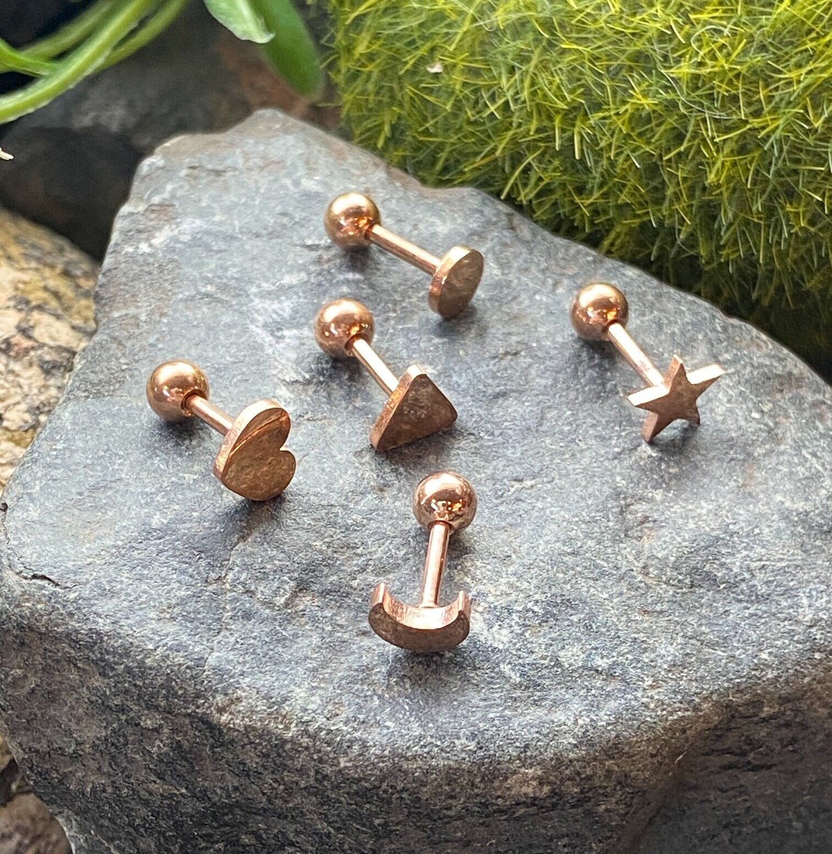 5pcs Shapes Tragus Rings Value Pack Cartilage Barbells Helix 16g Moon Star Heart (Color: Rose Gold)