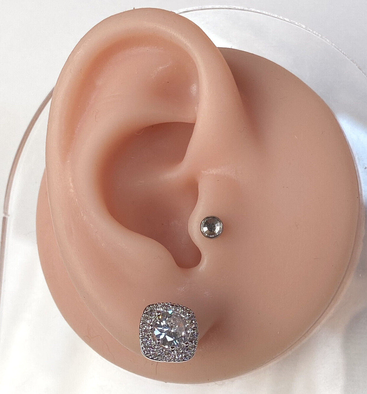 PAIR of Large Round CZ Centered Square 316L Surgical Steel 20g Earrings