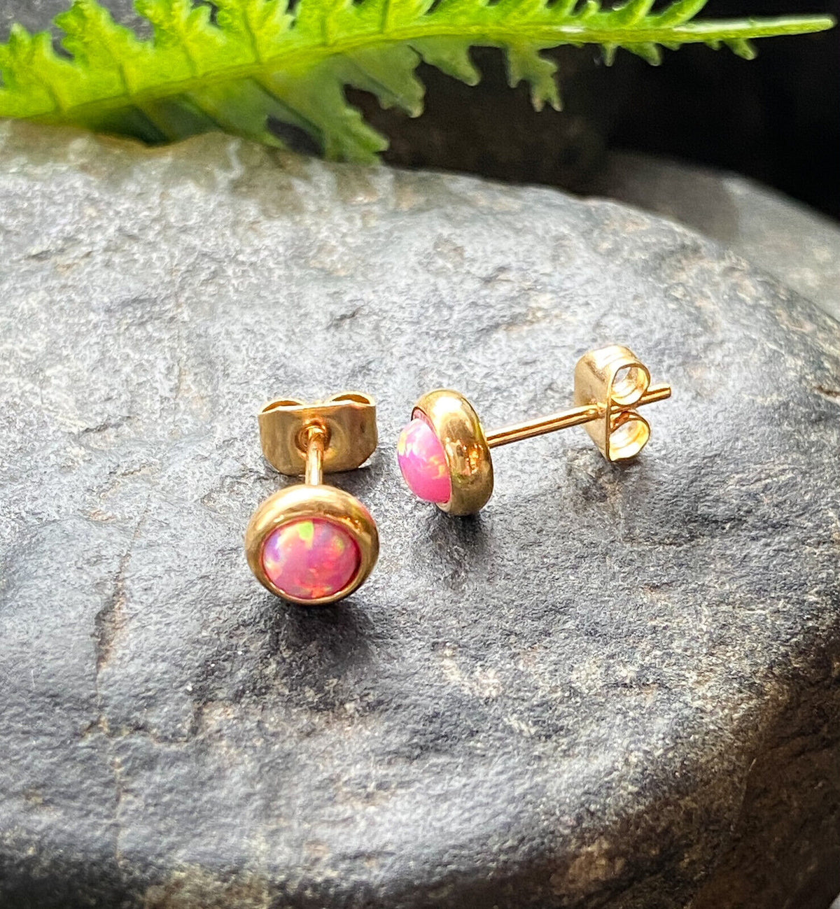 PAIR Bezel Set Opal 316L Surgical Steel Earrings - choose from 18 color combos! (Color: Pink / Gold)