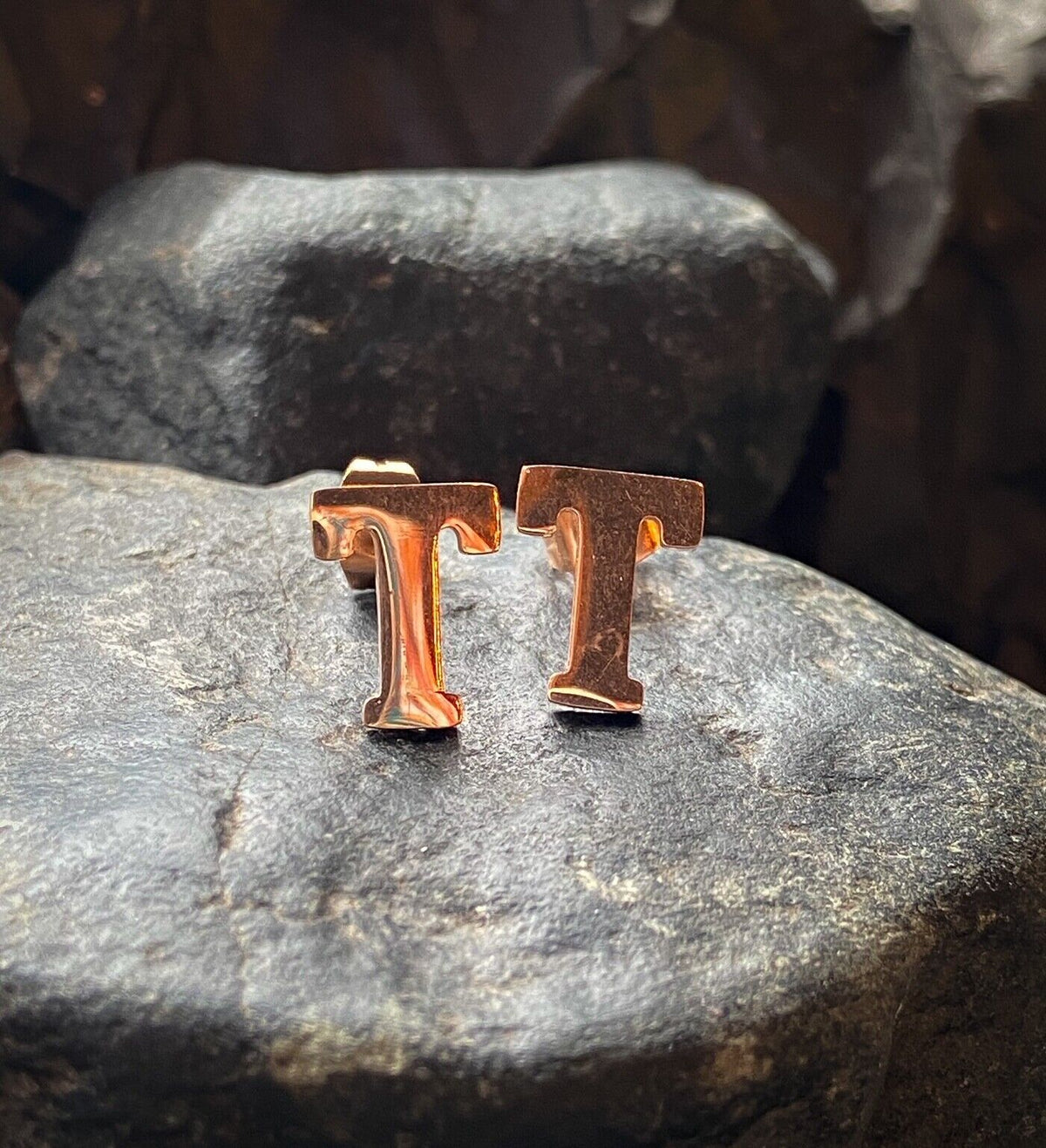 PAIR Rose Gold Plated Steel Initial / Alphabet 20g Earrings - A to Z available! (Letter: T)