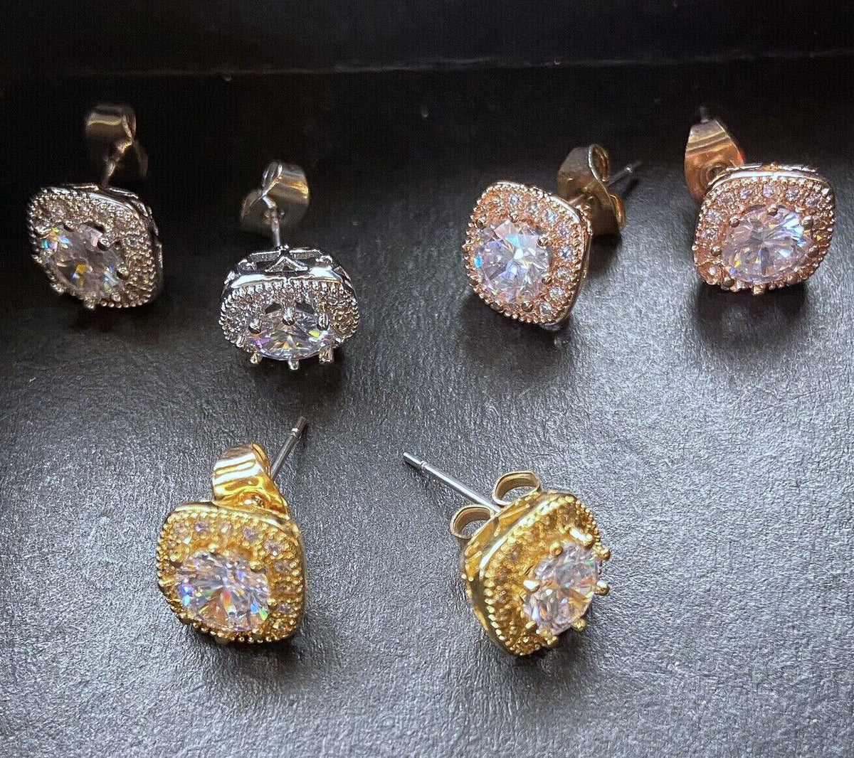 PAIR of Large Round CZ Centered Square 316L Surgical Steel 20g Earrings
