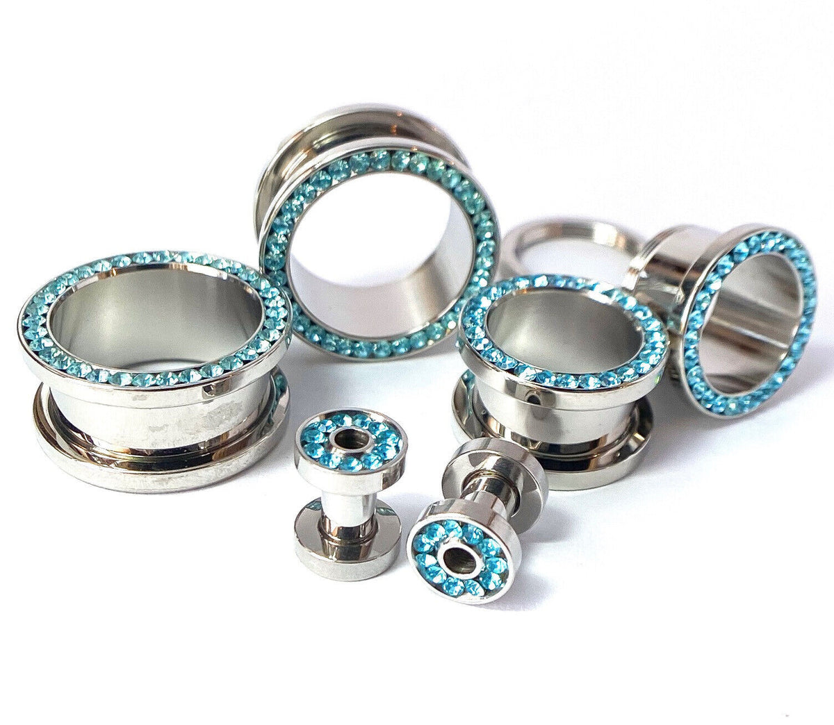 PAIR Aqua CZ Gem Rimmed 316L Surgical Steel Screw Fit Tunnel Plug Gauges