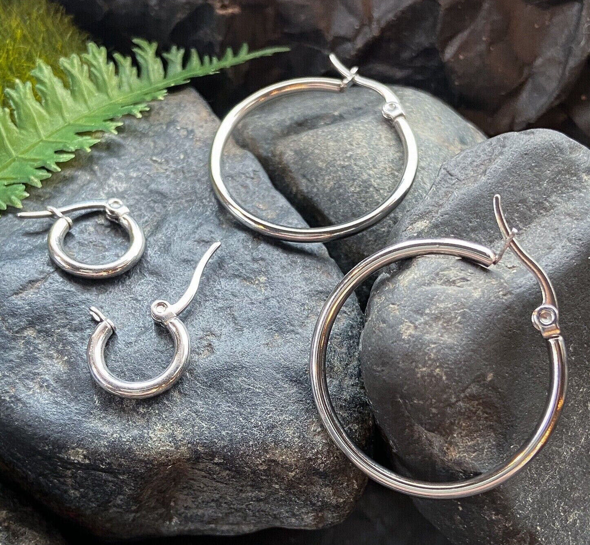 PAIR of Round Hoop Earrings Silver Color 22g 316L Stainless Steel
