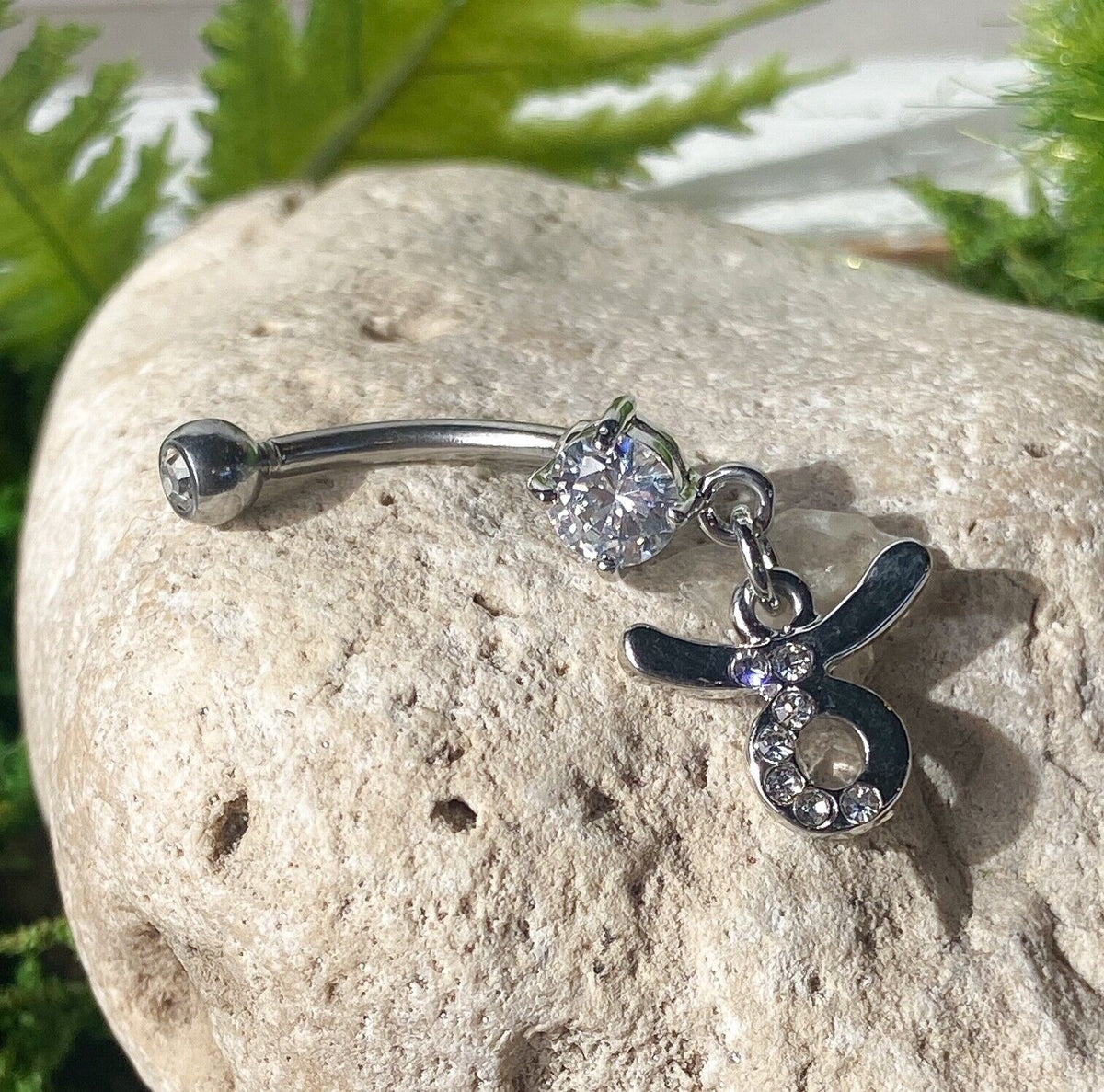 Zodiac Sign Paved CZ Gem Belly Ring Pierced Navel Astrology 14g Surgical Steel  (Sign: Taurus)