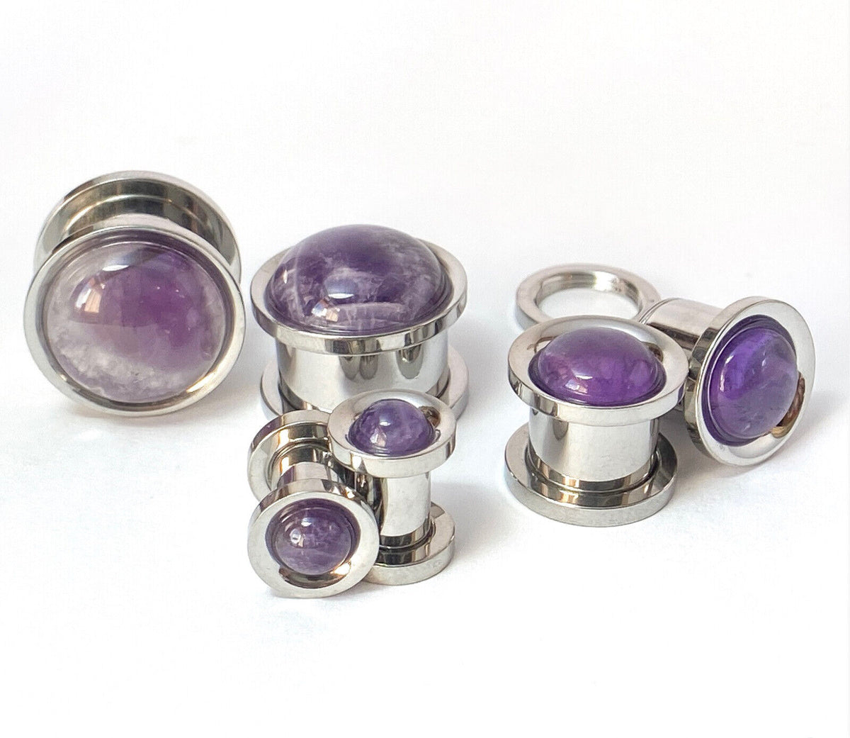 PAIR Amethyst Stone Dome Surgical Steel Screw Fit Tunnels Gauge Amythest Plugs