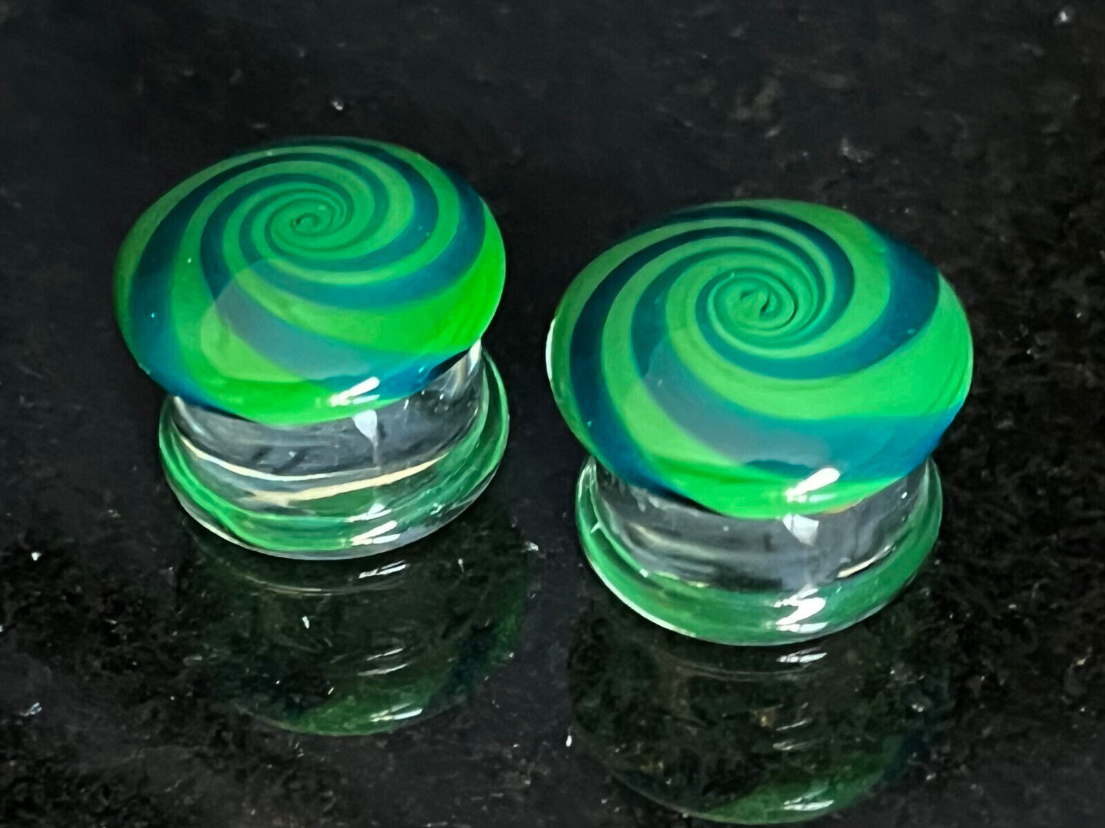 PAIR Blue & Green Hypnotic Swirl Glass Double Flare Plugs Tunnels Gauges