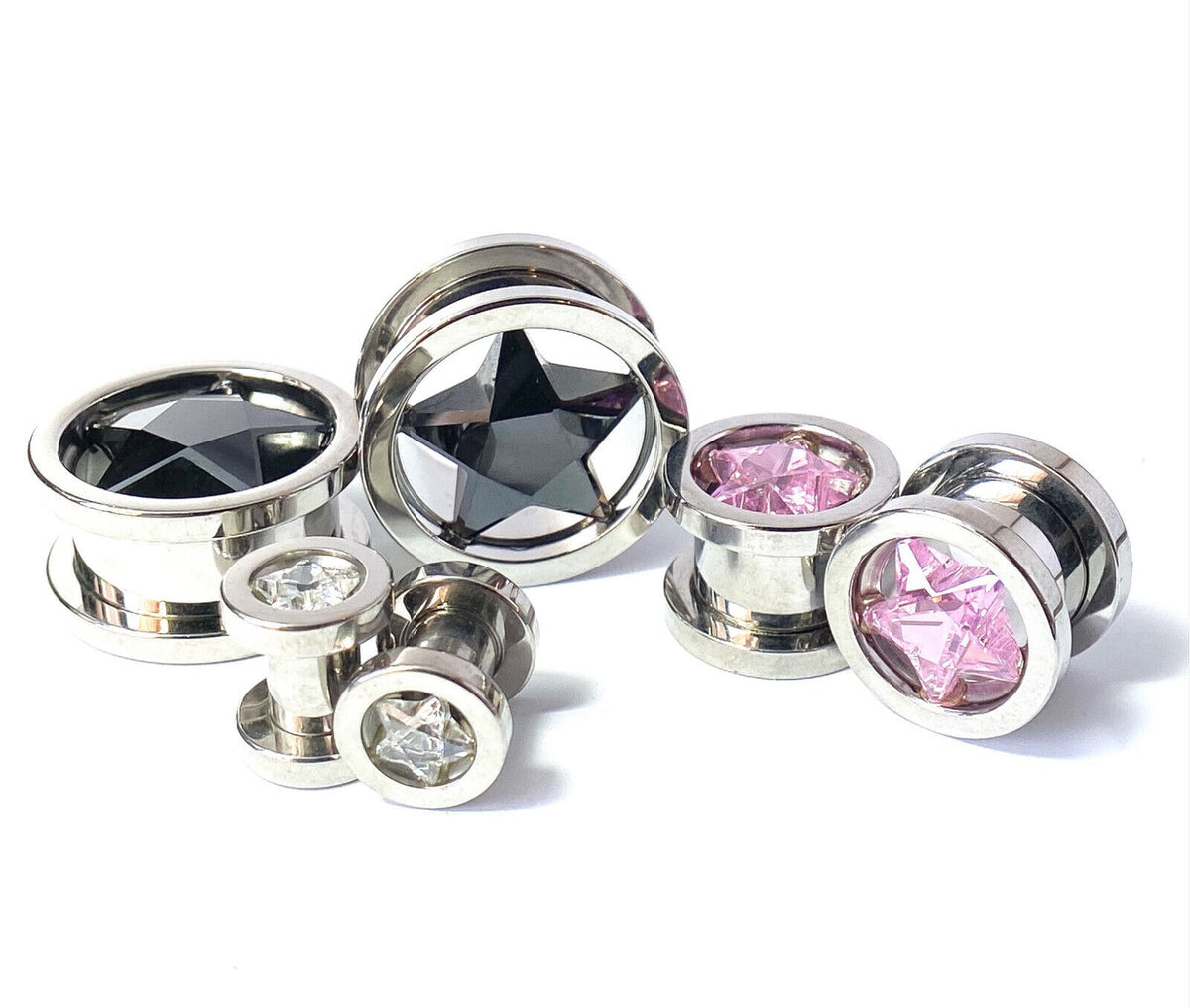 PAIR Star CZ Gem Screw Fit Tunnels Plugs Gauges Earlets Body Jewelry Piercing