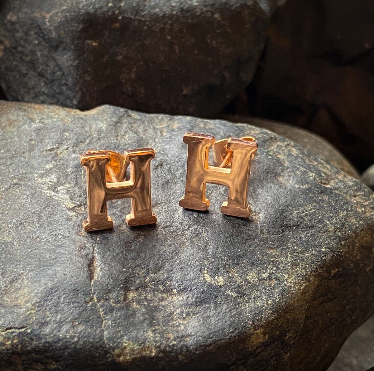 PAIR Rose Gold Plated Steel Initial / Alphabet 20g Earrings - A to Z available! (Letter: H)
