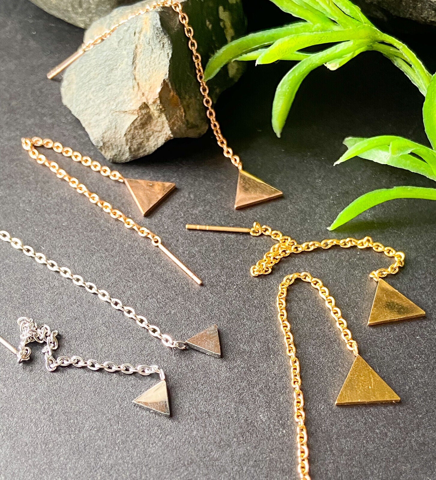 PAIR of Free Falling Chain Earrings w/ Bar & Solid Triangle 20g Stainless Steel