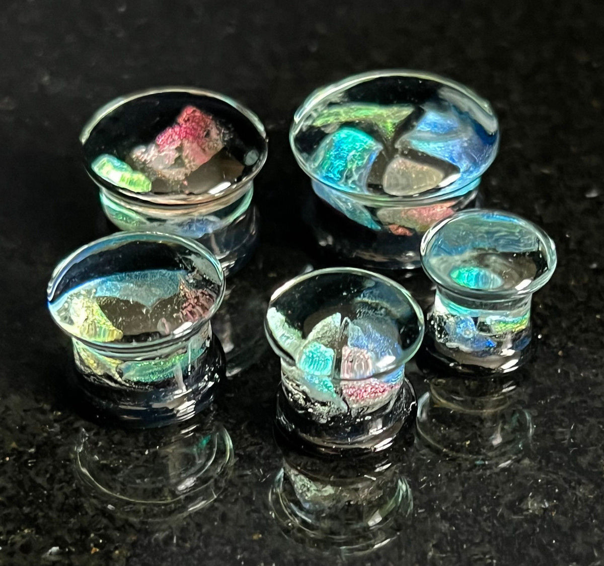 PAIR Patchwork Foil Quarters Glass Double Flare Plugs Tunnels Gauges