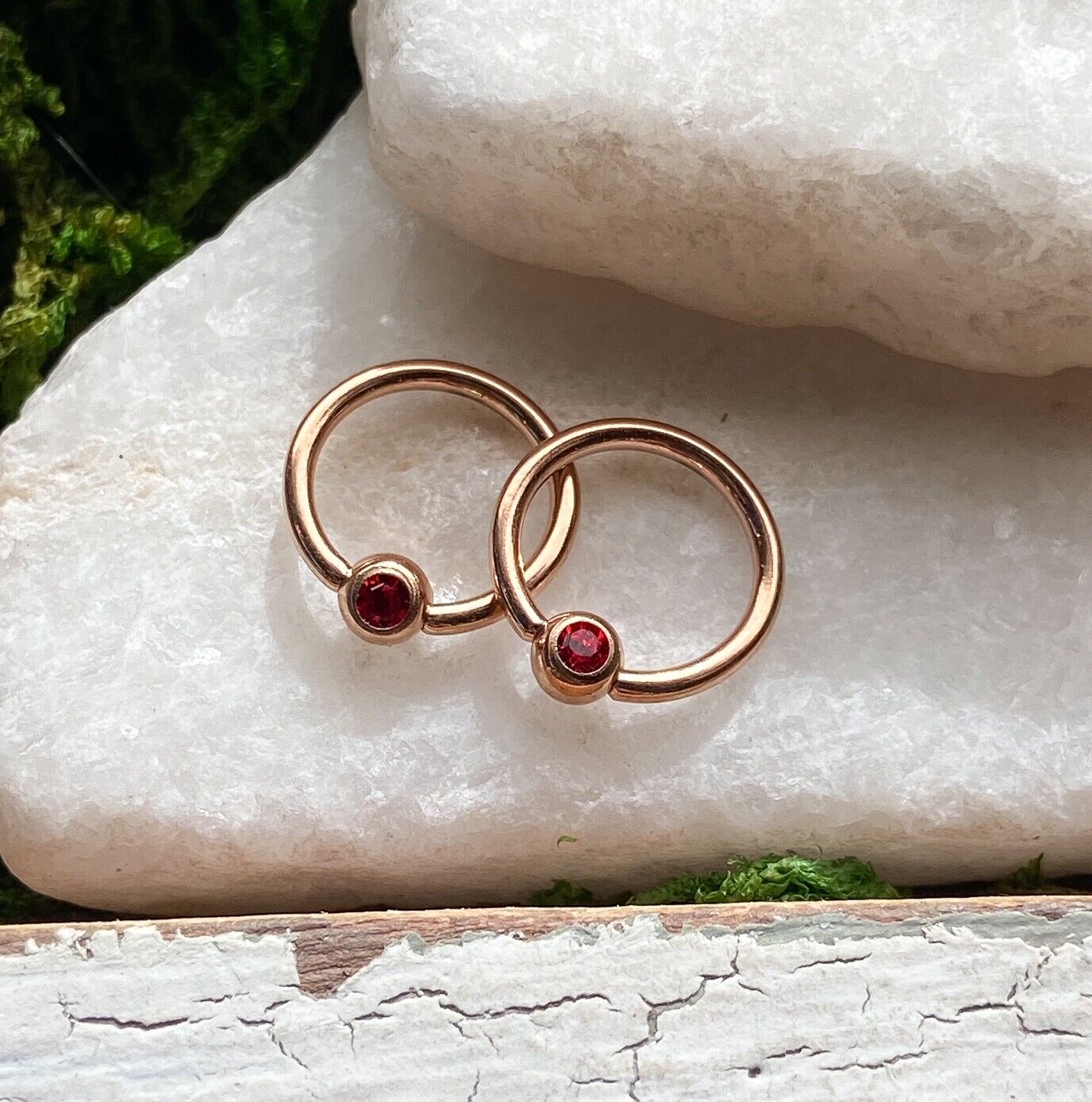 PAIR Rose Gold Gem Captive Bead Rings for Ears, Eyebrow, Septum, Nipples, etc (Gem Color: Red)