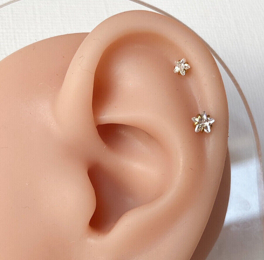 3pcs Star CZ Gem Ion Plated Tragus Stud Helix Cartilage Ring Earring 16g 1/4"