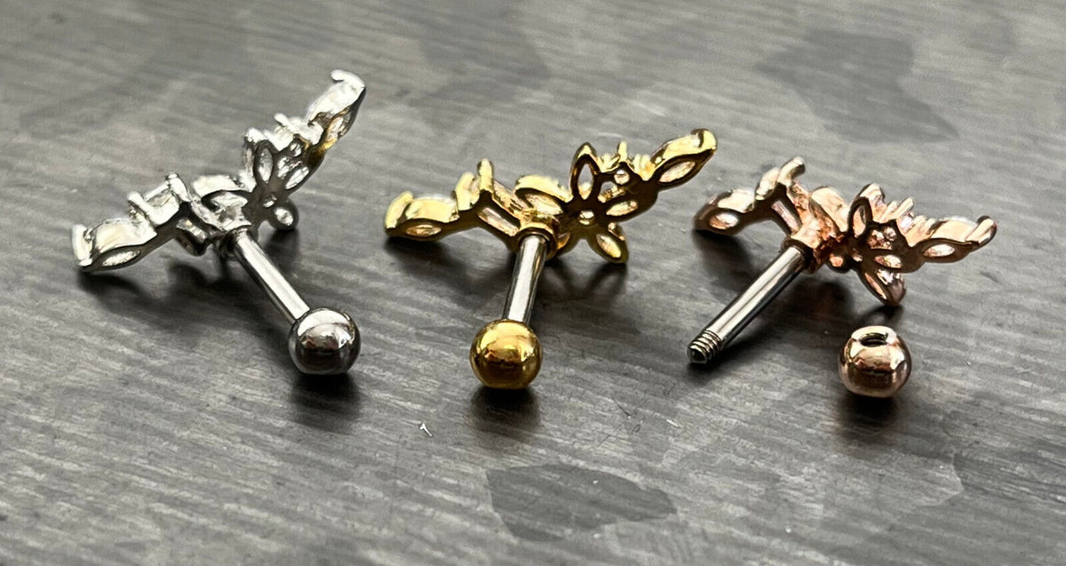 1pc CZ Gem Hollow Flower Tragus Helix Cartilage Barbell Ring 16g 1/4"