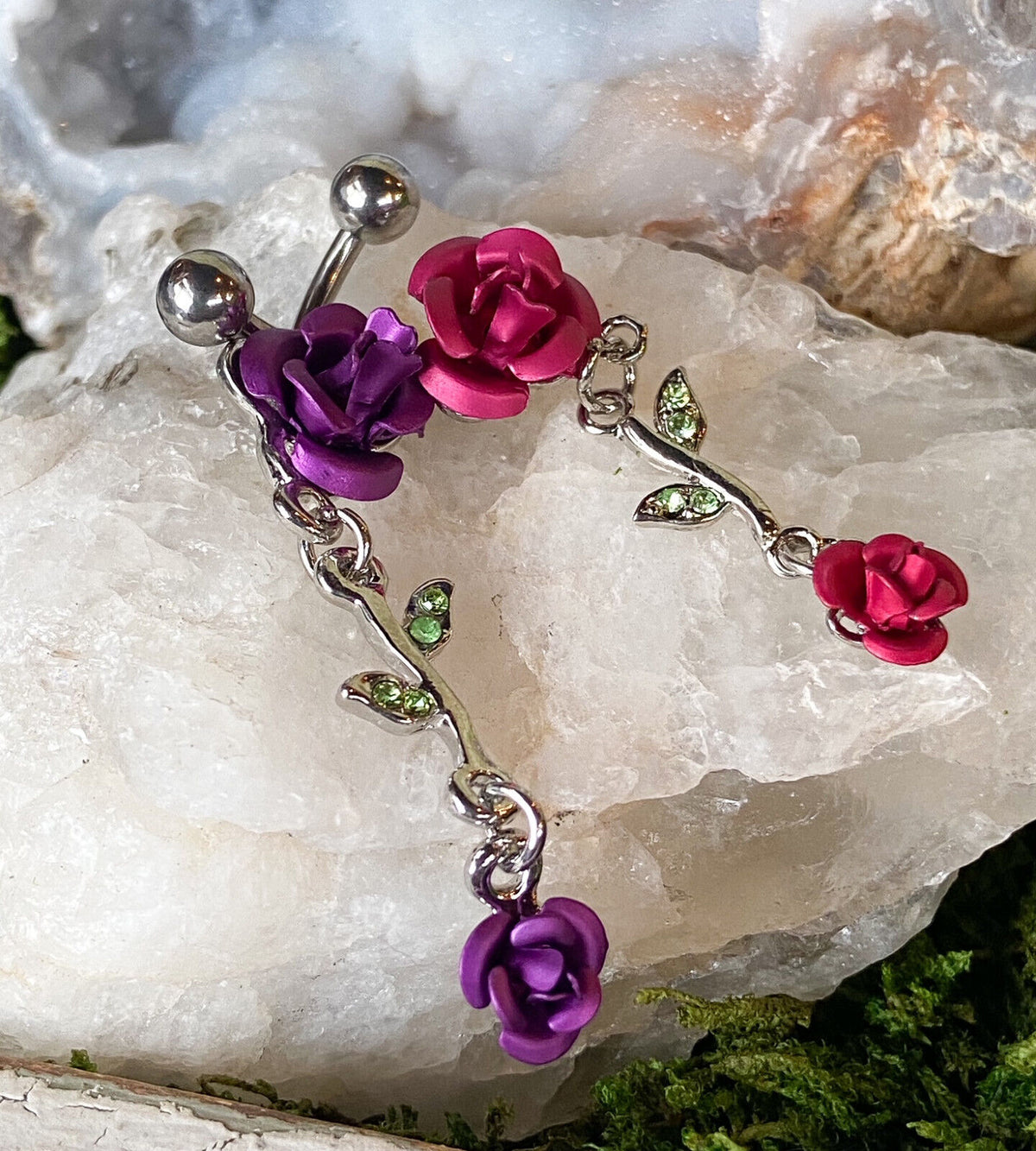 1pc Double Rose & Vine Belly Ring Navel Piercing Pierced Naval Flower Jewelry