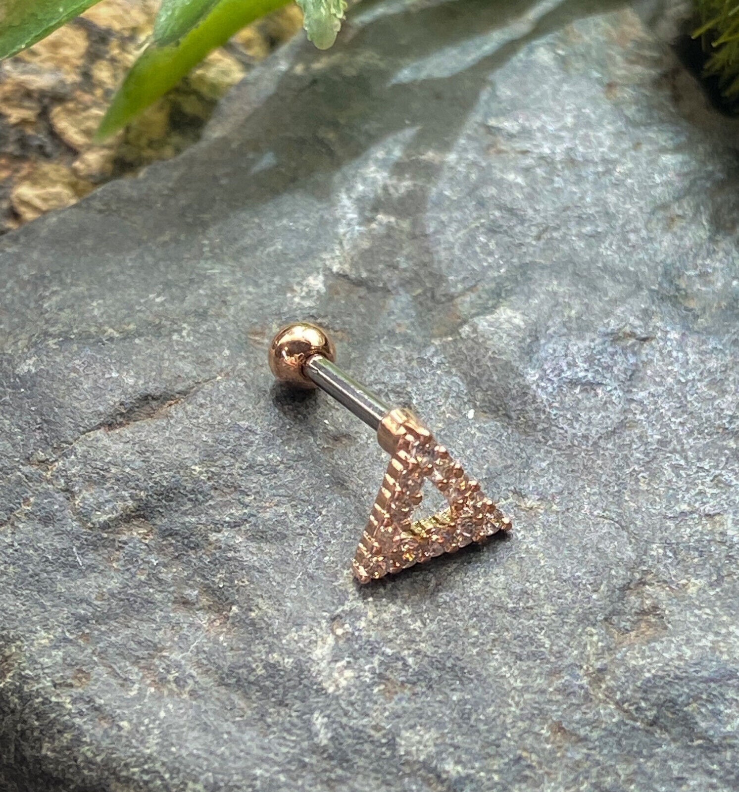 1pc CZ Gem Paved Triangle Tragus Helix Cartilage Barbell Ring 16g 1/4" (Color: Rose Gold)