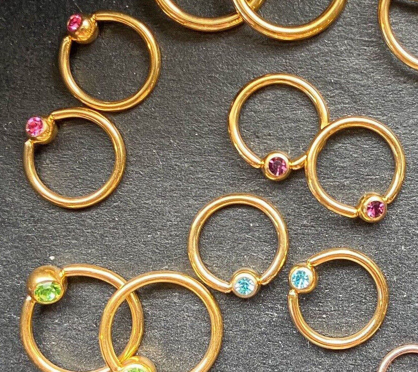 PAIR Gold Plated Gem Captive Bead Rings for Ears, Eyebrow, Septum, Nipples, etc