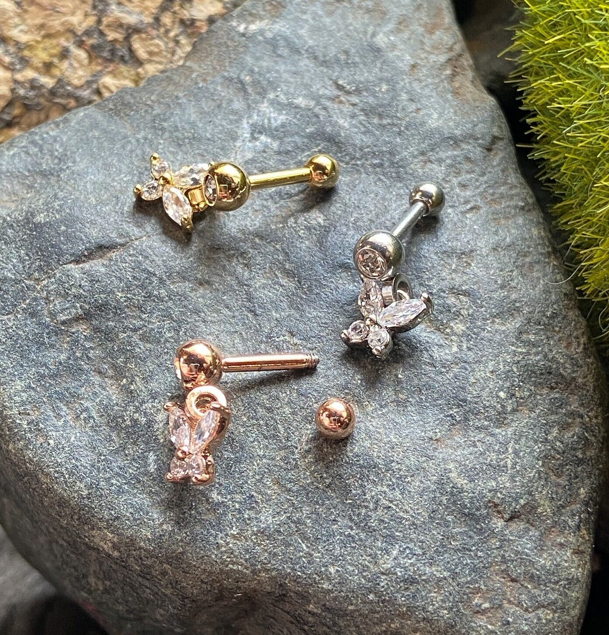 1pc CZ Gem Butterfly Dangle Surgical Steel Tragus Cartilage Barbell Ring 16g 1/4
