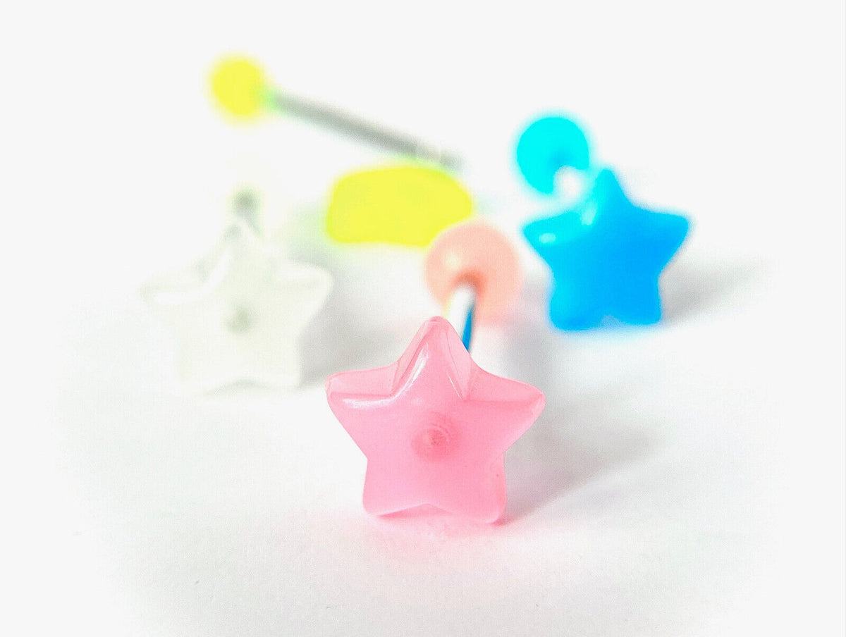 4pc Value Pack Glow in the Dark Star Steel Tongue Rings 14g Tounge Body Jewelry