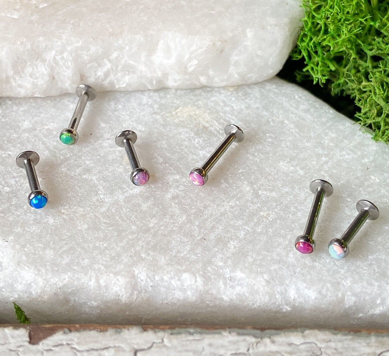 6pc Value Pack Opal Internally Threaded Steel Cartilage Studs Labrets / Monroes