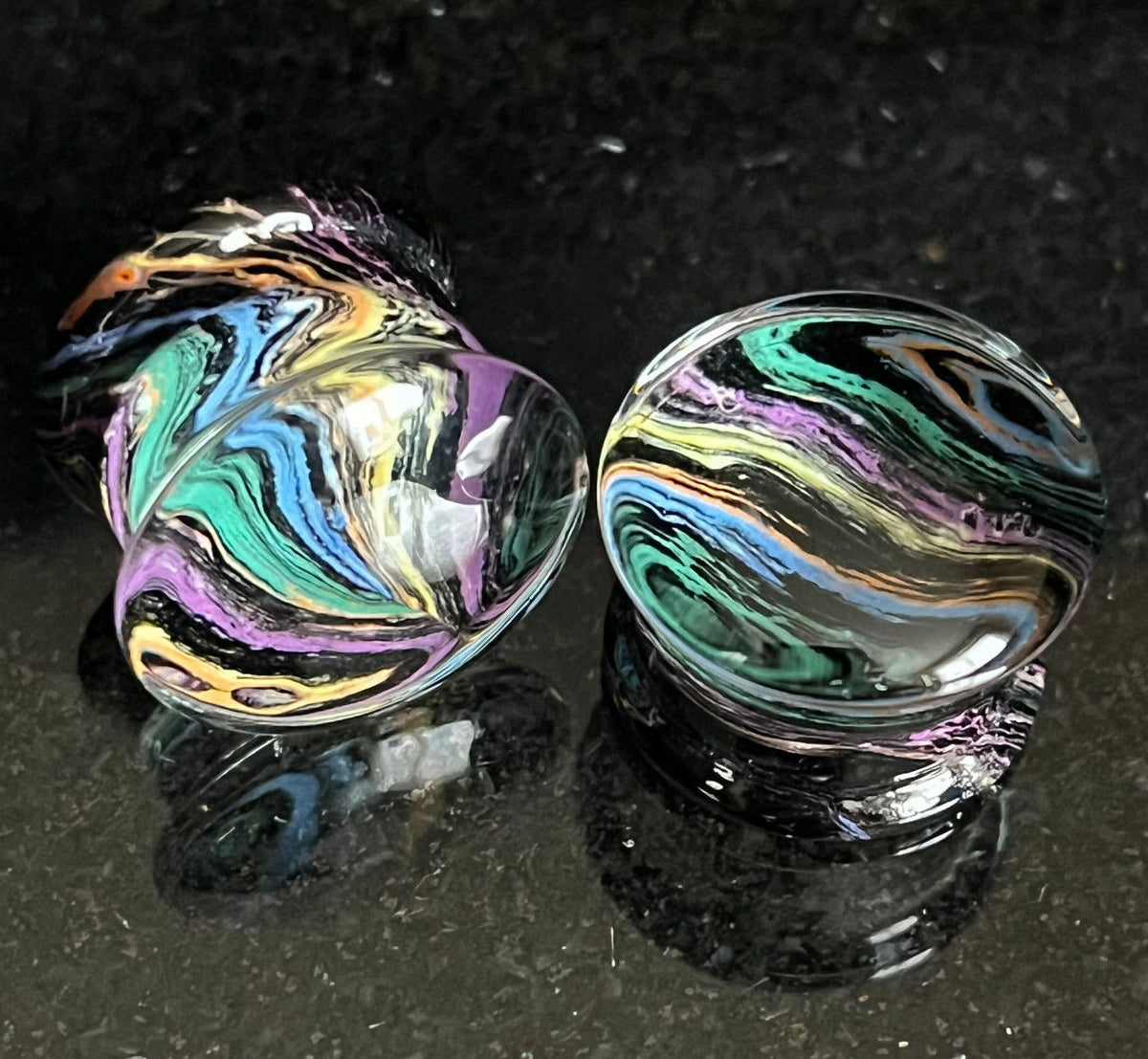 PAIR Rainbow Waves Design Glass Plugs Gauges Tunnels Body Ear Piercing Jewelry
