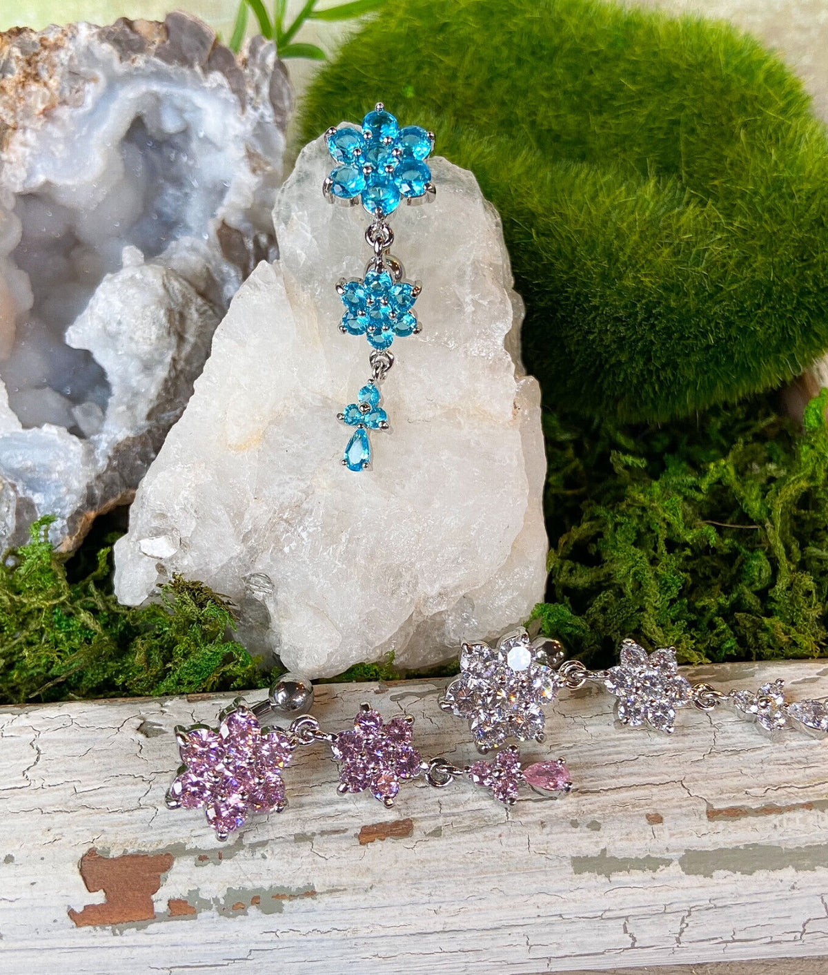 1pc Reverse Triple Flower CZ Gem Dangle Belly Ring Navel Piercing Naval Jewelry