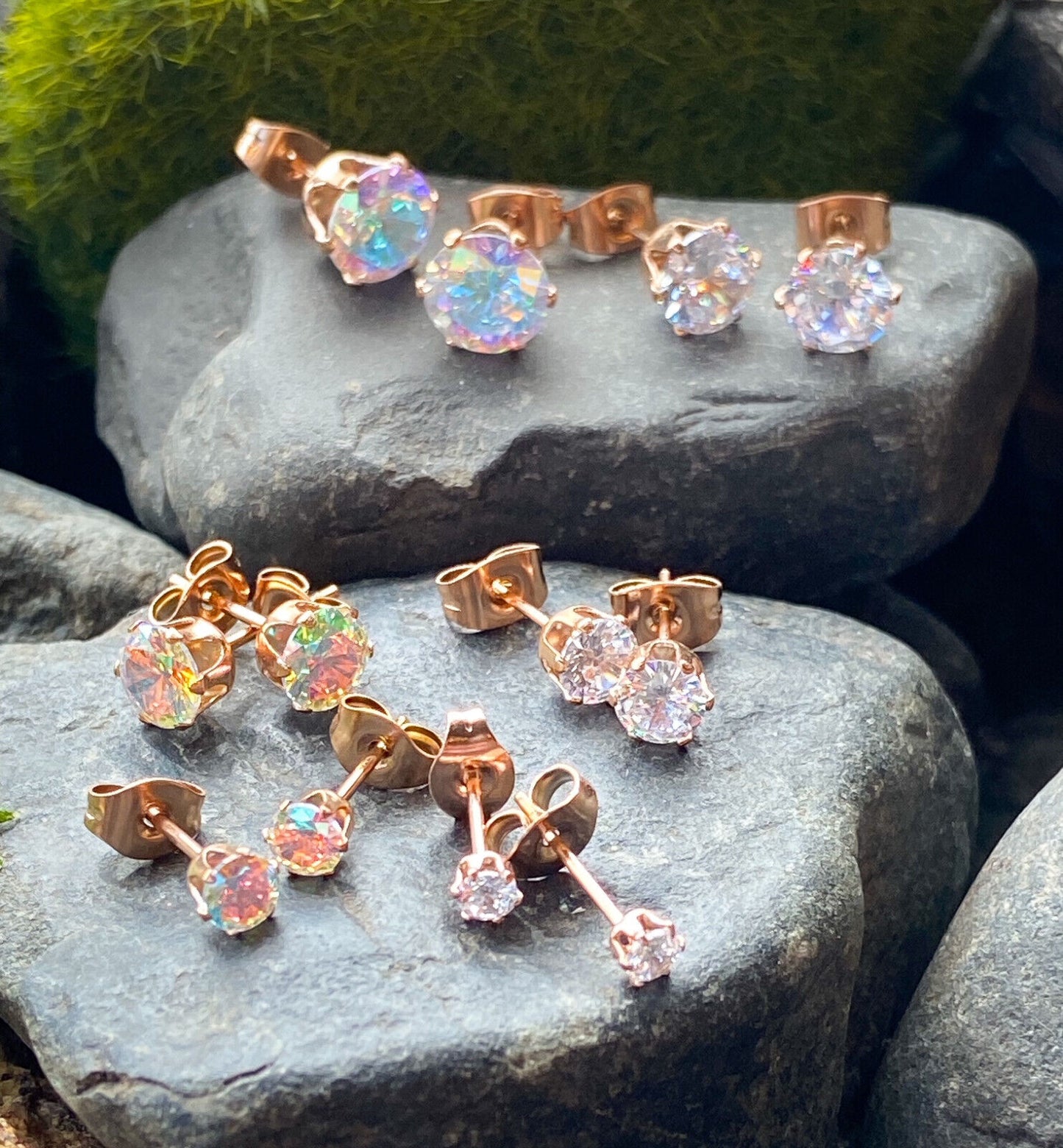 PAIR Rose Gold Ion Plated Steel Aurora Borealis or Clear CZ Gem Stud Earrings