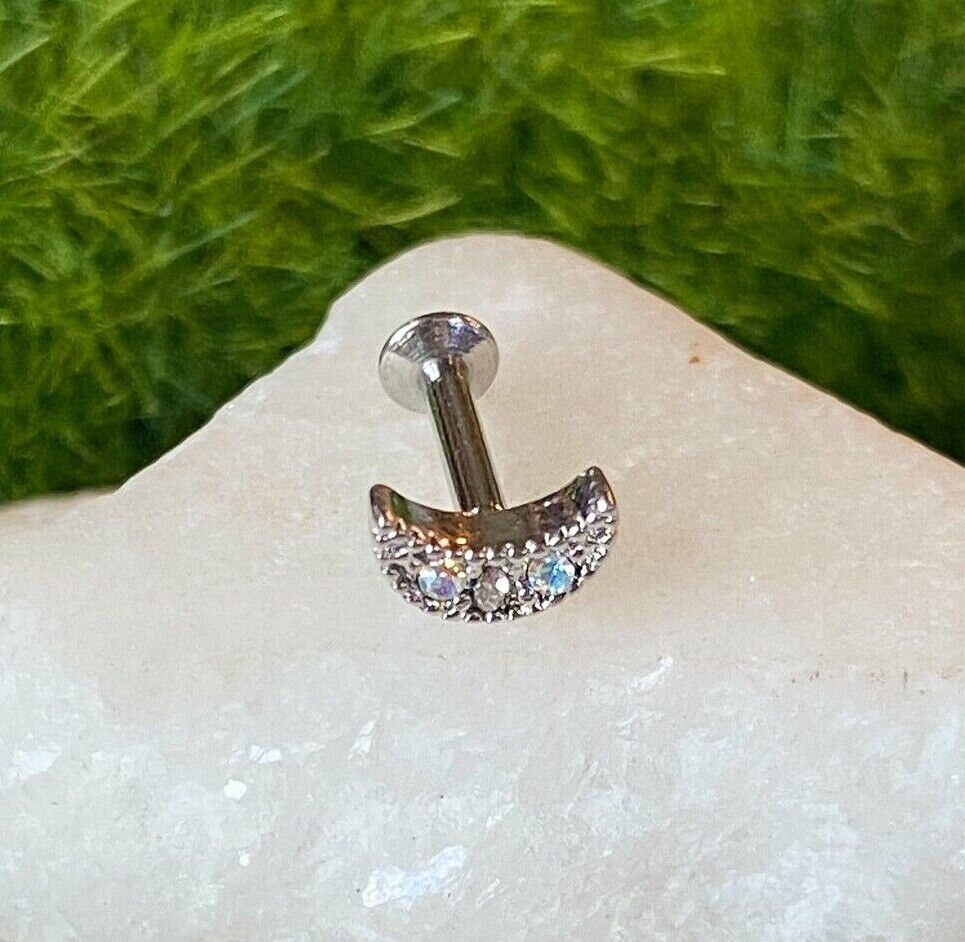 1pc CZ Crescent Moon 16g Internally Threaded 1/4" or 5/16" Steel Labret Monroe (Color: Aurora Borealis)