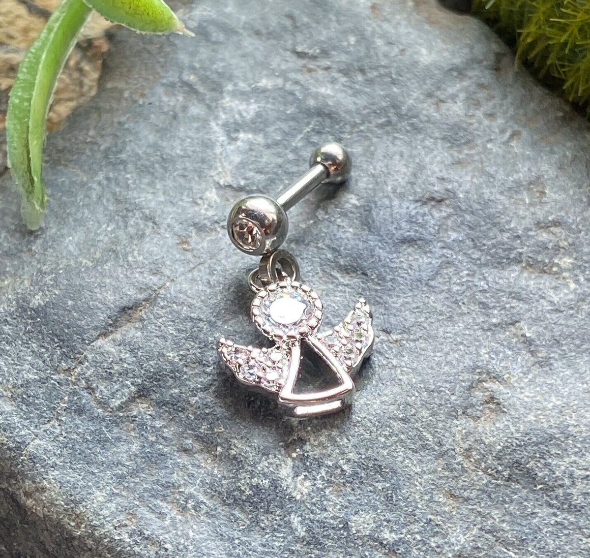 1pc CZ Gem Angel Dangle Surgical Steel Tragus Cartilage Barbell Ring 16g 1/4 (Color: Silver)