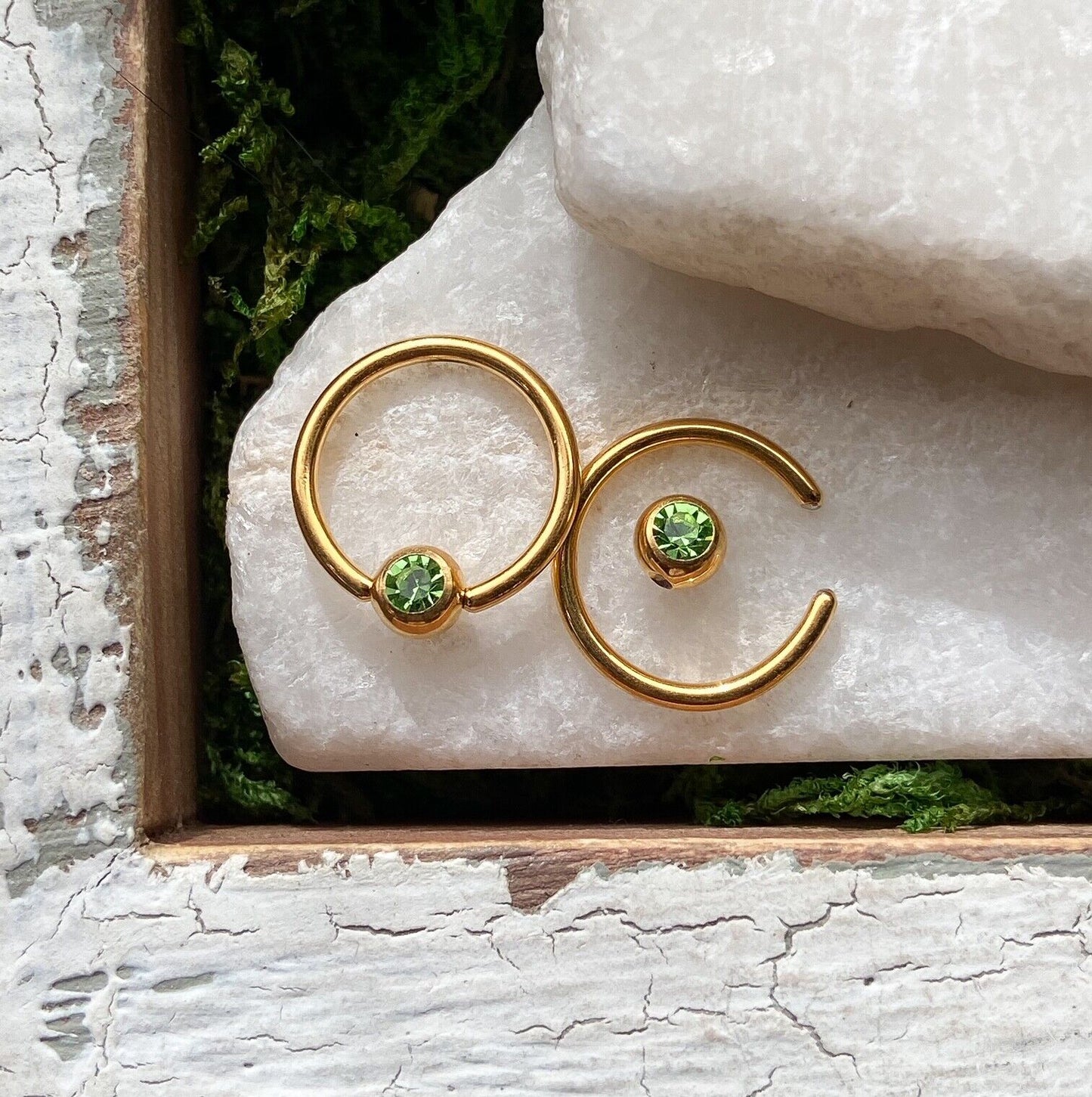 PAIR Gold Plated Gem Captive Bead Rings for Ears, Eyebrow, Septum, Nipples, etc (Gem Color: Green)