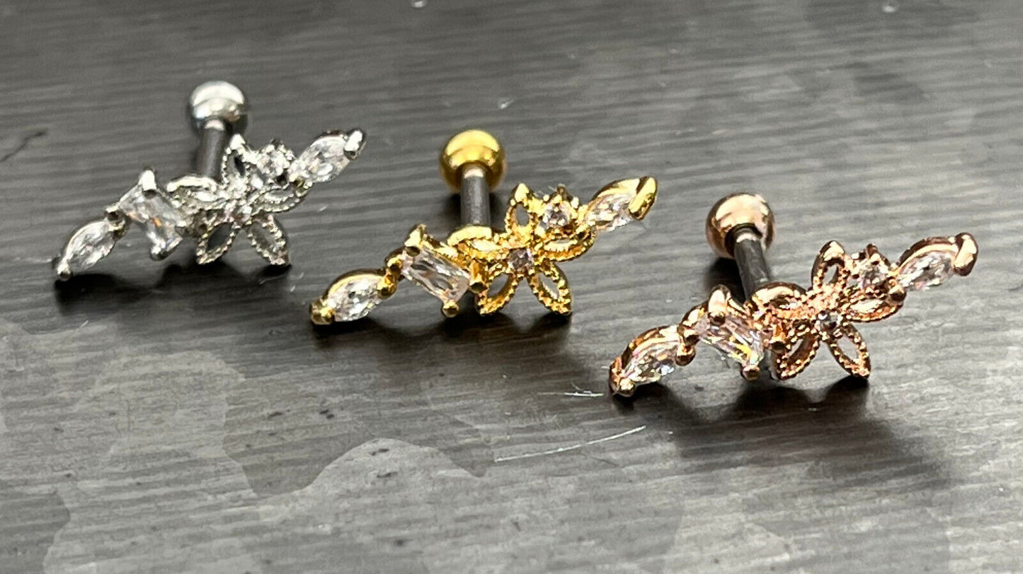 1pc CZ Gem Hollow Flower Tragus Helix Cartilage Barbell Ring 16g 1/4"