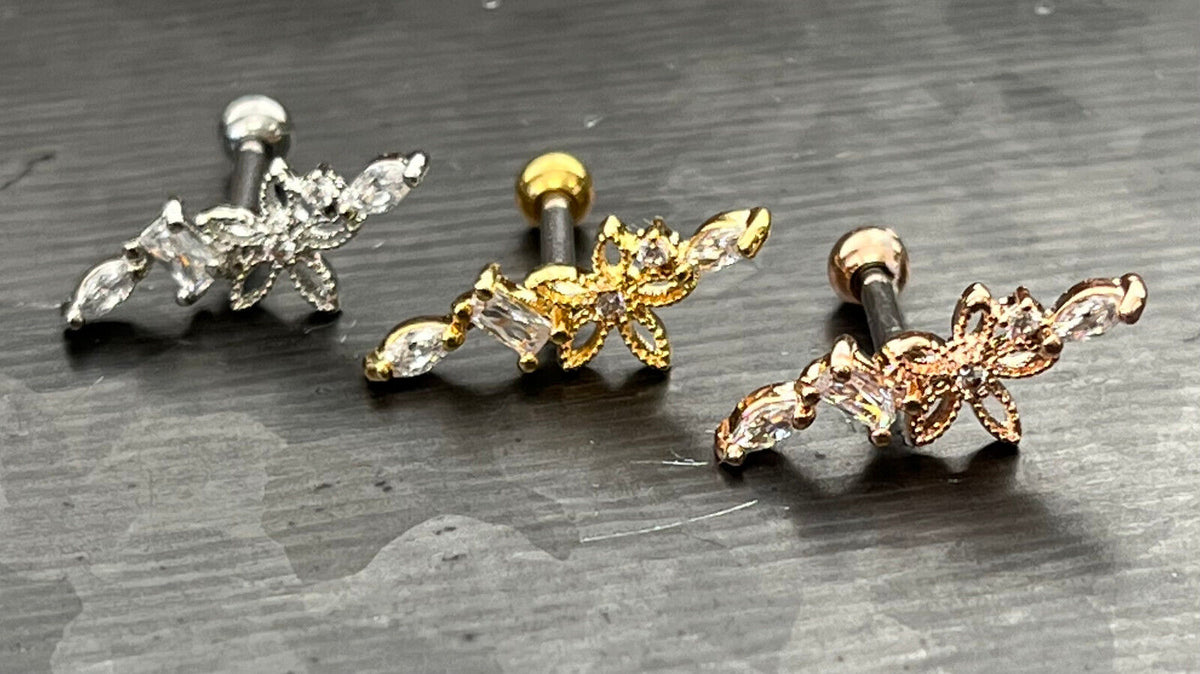 1pc CZ Gem Hollow Flower Tragus Helix Cartilage Barbell Ring 16g 1/4"