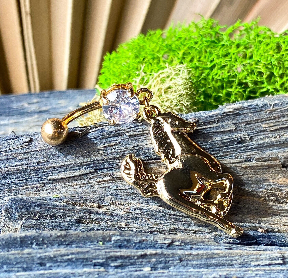 Gold Plated Horse CZ Gem Dangle Belly Ring Navel Piercing Pierced Naval Jewelry