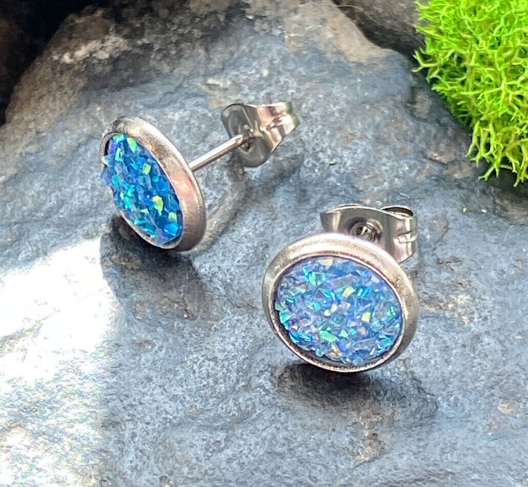 PAIR of Druzy Stone Set Stud Earrings 20g 316L Stainless Steel (Color: Aqua)