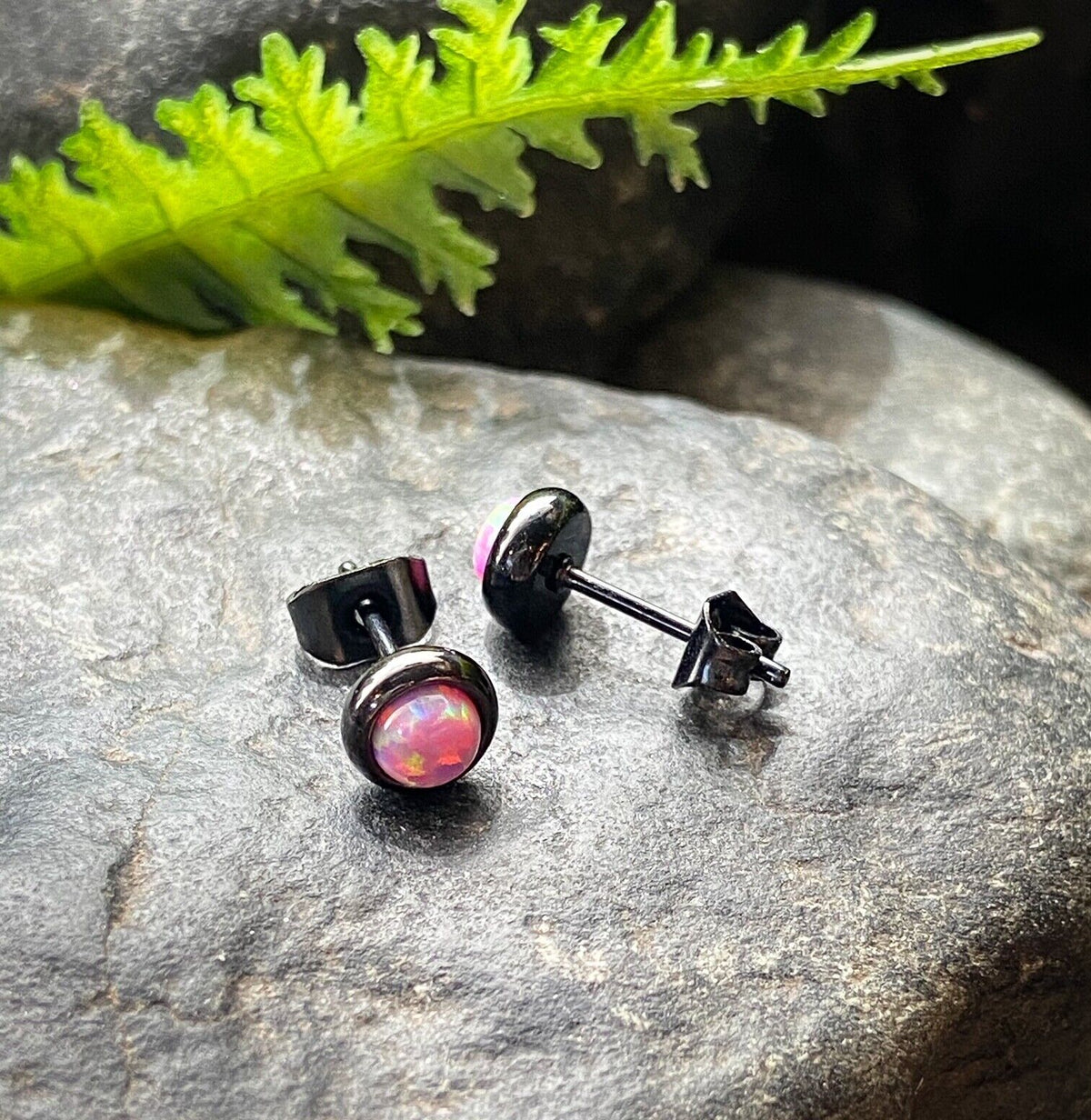 PAIR Bezel Set Opal 316L Surgical Steel Earrings - choose from 18 color combos! (Color: Pink / Black)