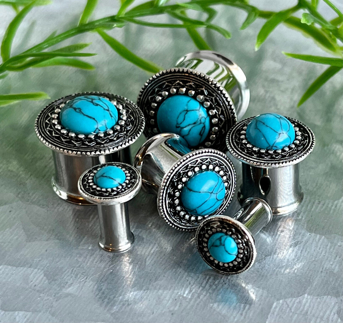 PAIR Antique Silver Shield w/Turquoise Center Double Flare Steel Tunnels Plugs