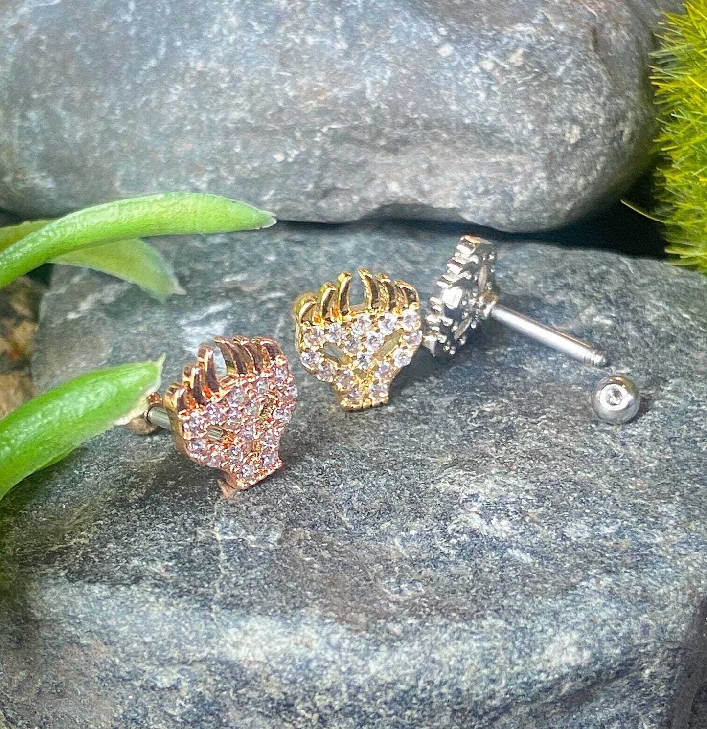 1pc CZ Gem Paved Flaming Skull Tragus Helix Cartilage Barbell Ring 16g 1/4"