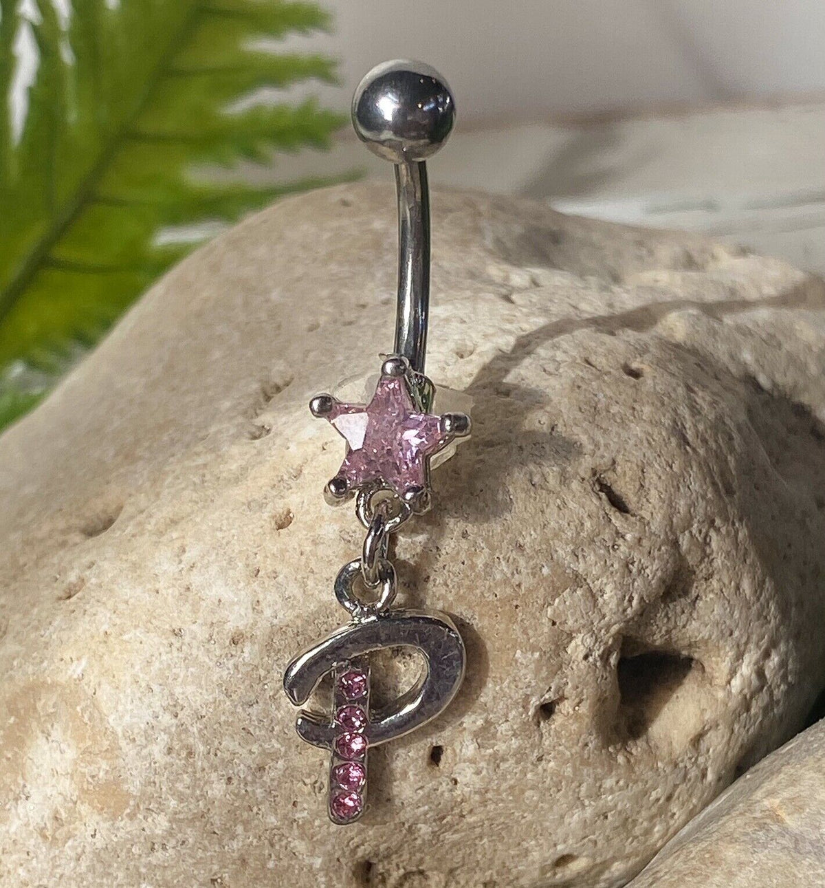 1pc Initial Belly Ring "Metro" Style Pink Gems Navel Naval Letter Body Jewelry (Initial: P)