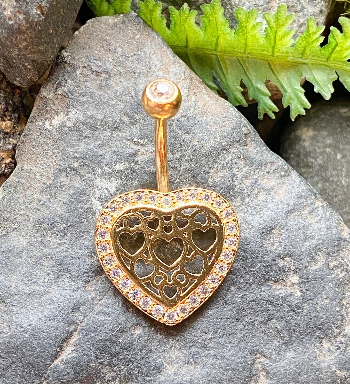 1pc Hollow Heart Pattern Center CZ Gem Belly Button Ring Pierced Navel Naval (Color: Gold)
