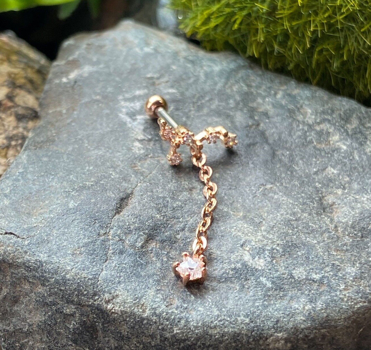 1pc CZ Gem Vine w/ Chain Tragus Helix Cartilage Barbell Ring 16g 1/4" (Color: Rose Gold)