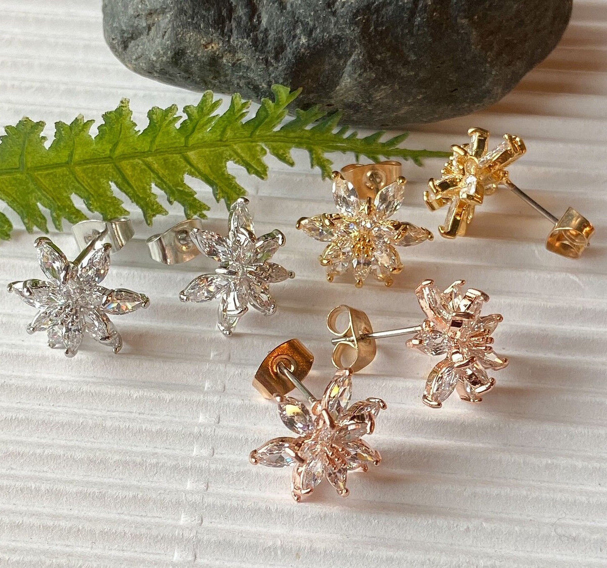 PAIR of Double Tiered CZ Flower 316L Surgical Steel Post 20g Earrings Studs