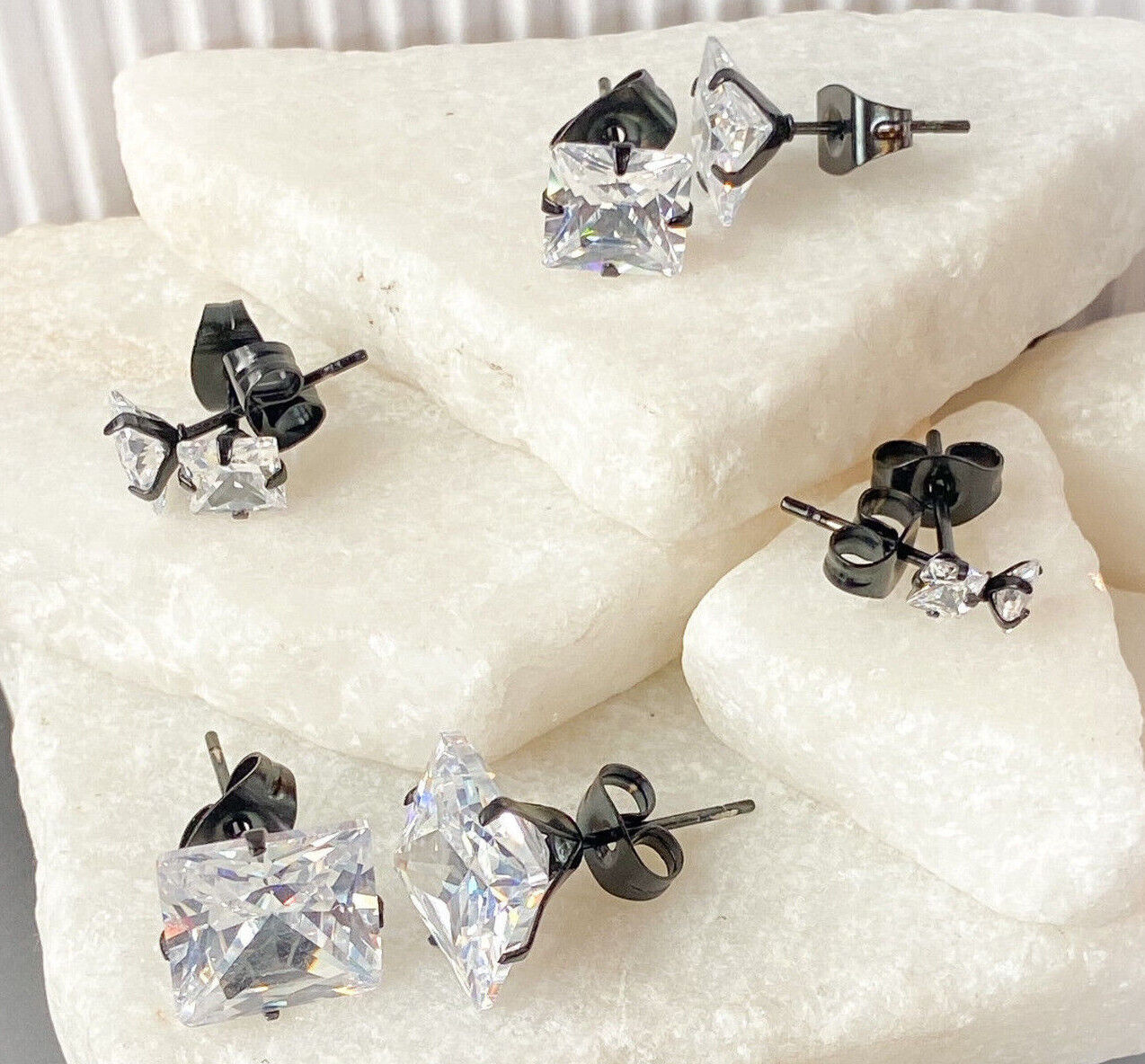 PAIR Square CZ Gem Stud Earrings 316L Surgical Steel, choose color and gem size (Color: Black w/Clear)