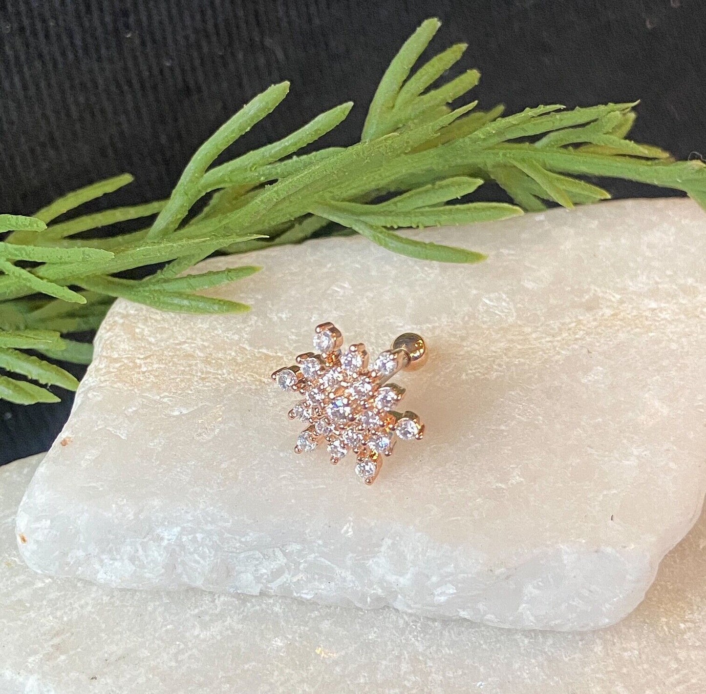 1pc CZ Gem Paved Snowflake Snow Flake Tragus Cartilage Barbell Ring 16g 1/4" (Color: Rose Gold)