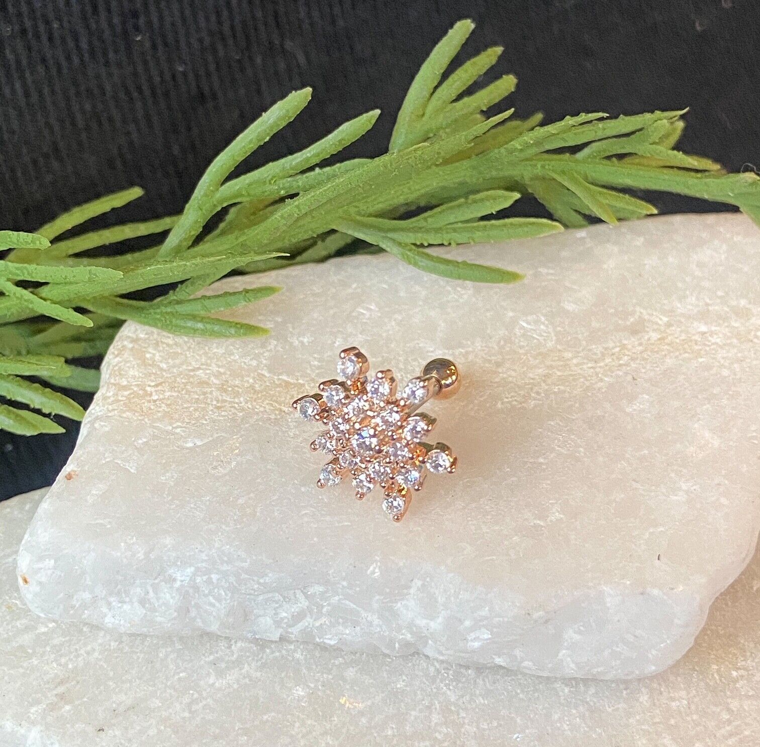 1pc CZ Gem Paved Snowflake Snow Flake Tragus Cartilage Barbell Ring 16g 1/4" (Color: Rose Gold)