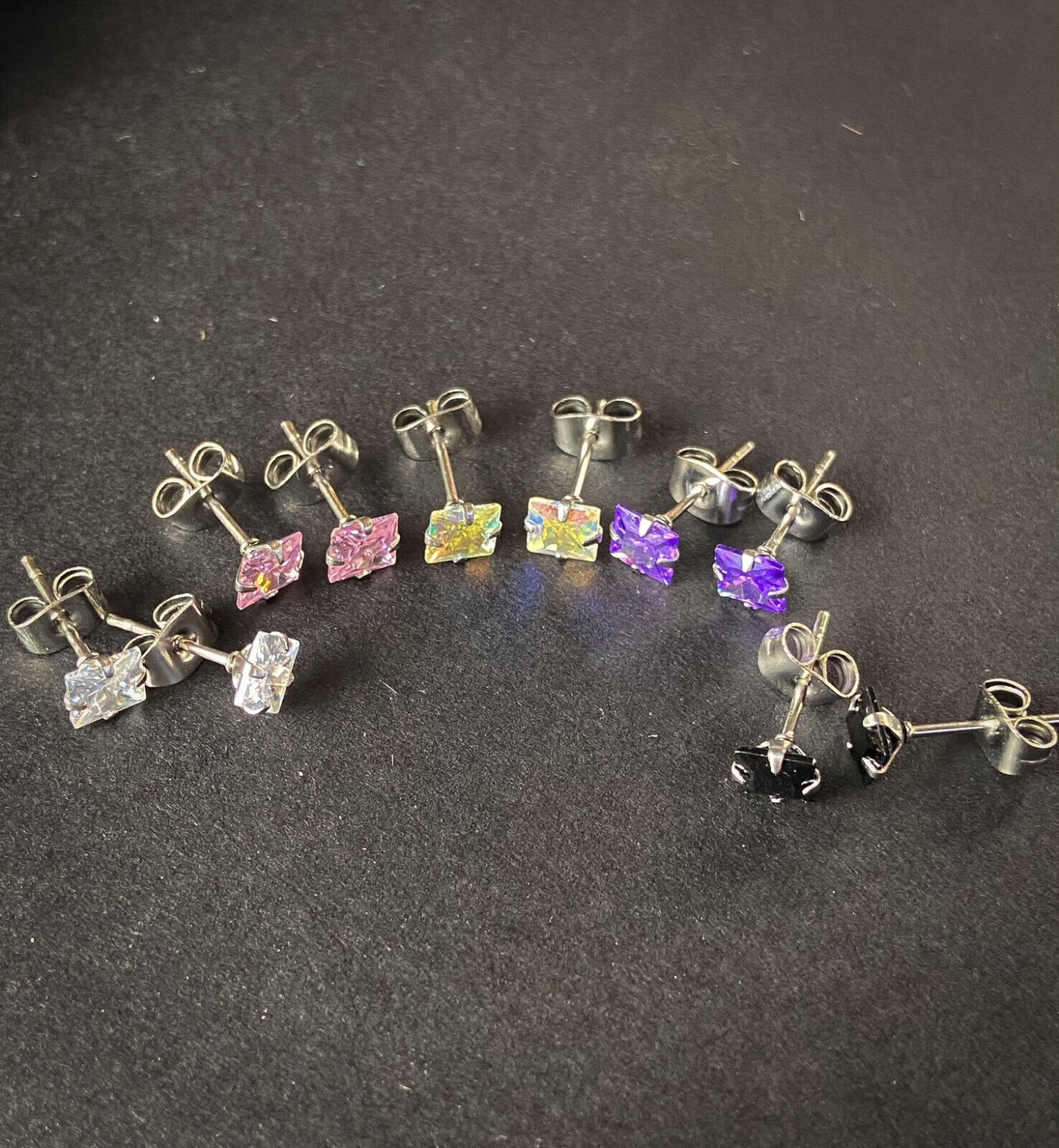 5 PAIRS Square CZ Gem Stud Earrings 316L Steel retail / display peggable card