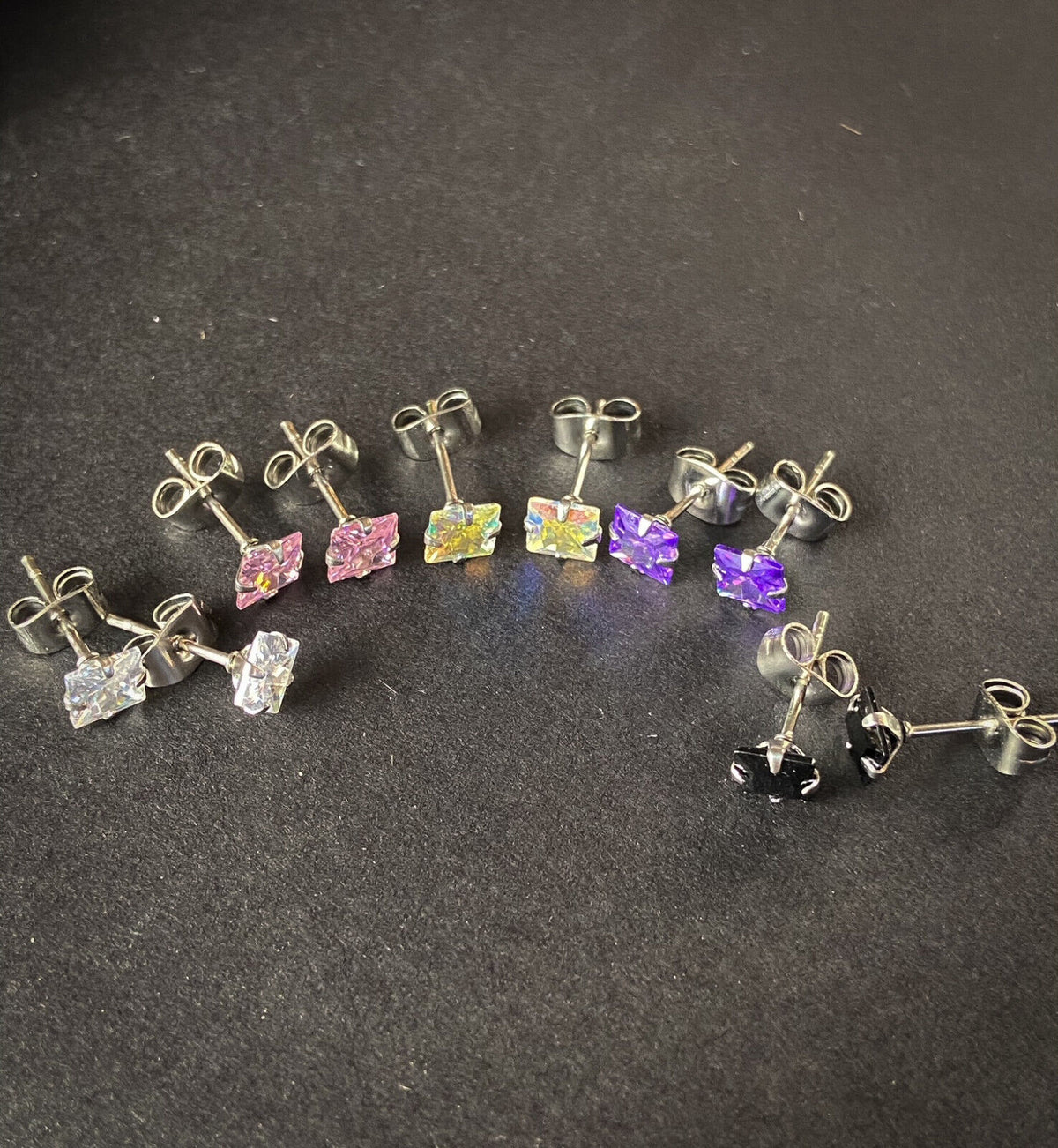 5 PAIRS Square CZ Gem Stud Earrings 316L Steel retail / display peggable card