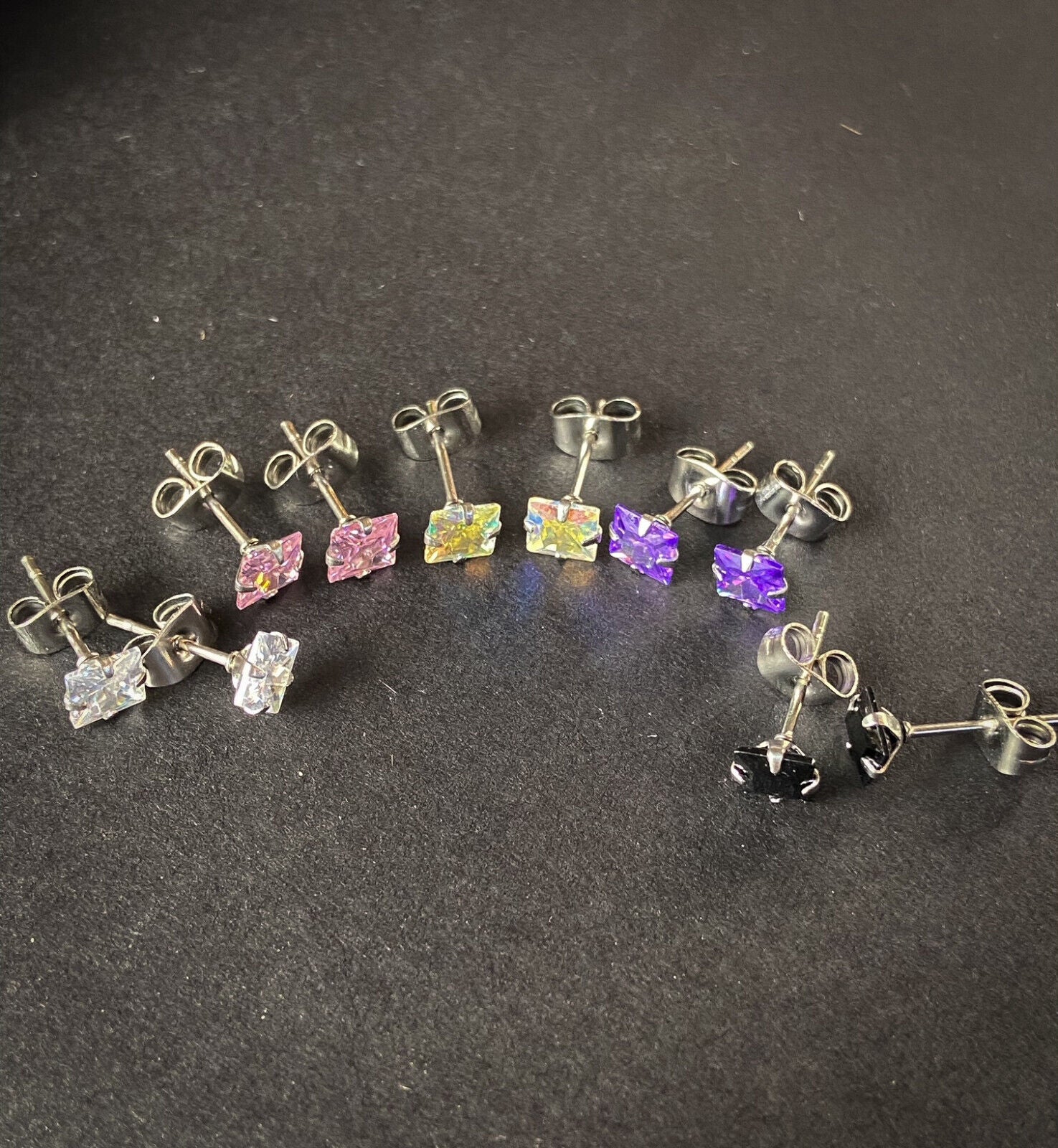 5 PAIRS Square CZ Gem Stud Earrings 316L Steel retail / display peggable card