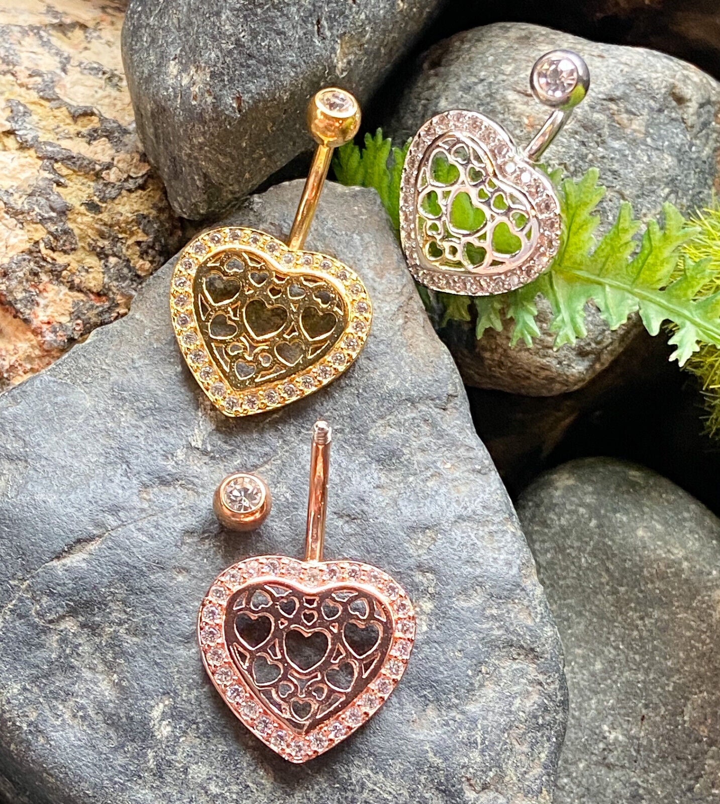 1pc Hollow Heart Pattern Center CZ Gem Belly Button Ring Pierced Navel Naval