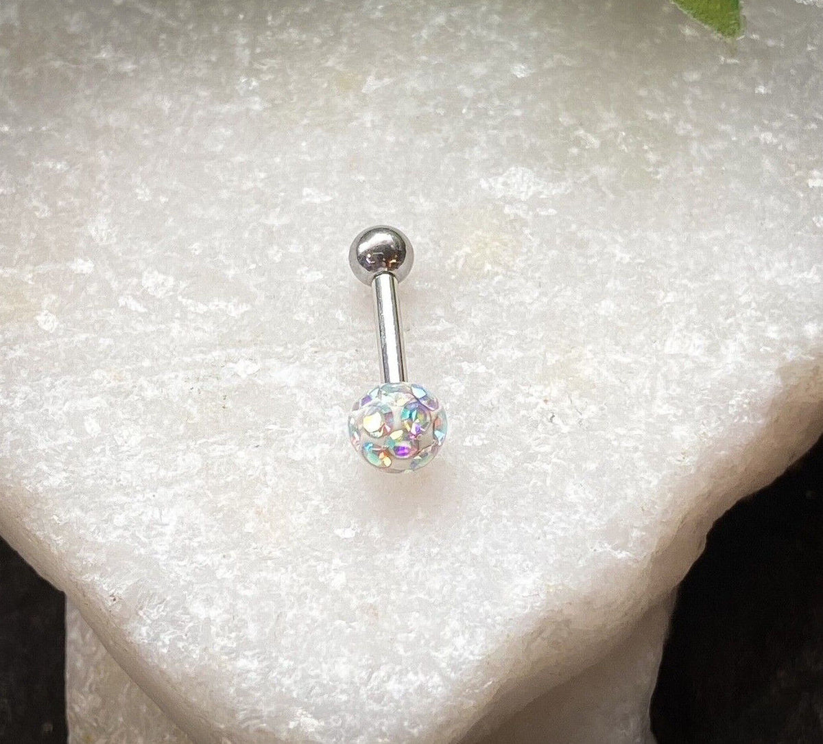1pc Epoxy Coated Crystal Paved Ball Helix Tragus Cartilage Barbell Int. Threaded (Color: Aurora Borealis)