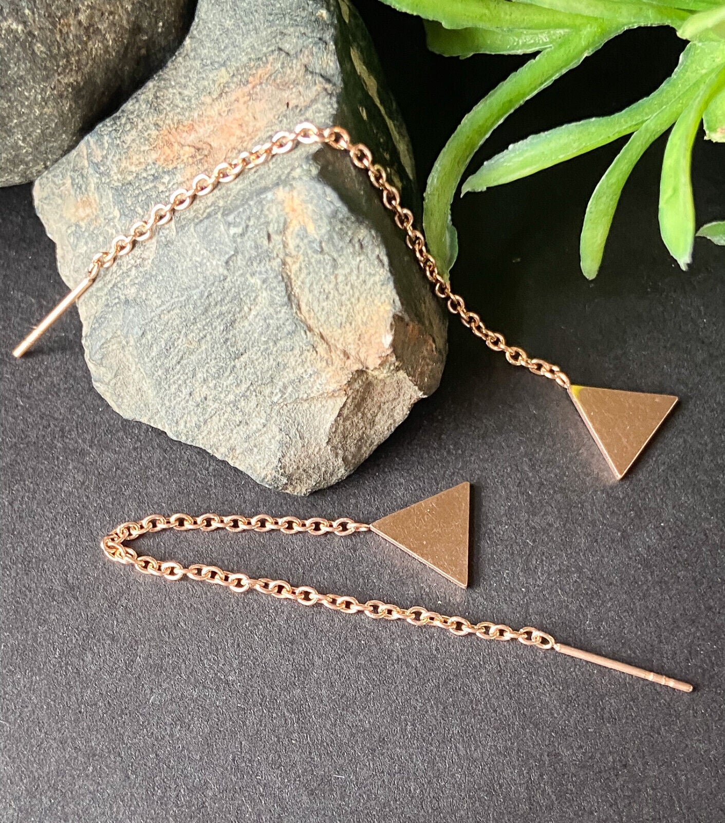 PAIR of Free Falling Chain Earrings w/ Bar & Solid Triangle 20g Stainless Steel (Color: Rose Gold)